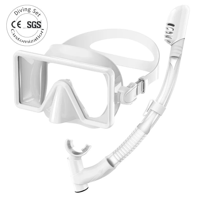 Factory OEM Custom Logo Tempered Glass & Silicone Low Volume Full Dry Snorkeling Mask and Snorkel Set, product image 1