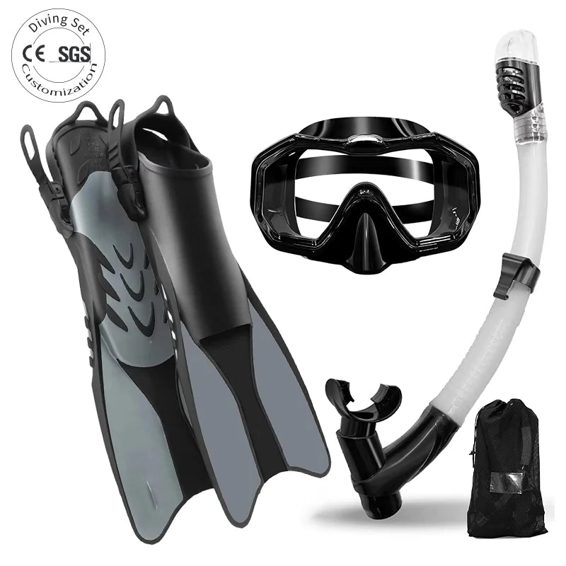 3 in 1 Mask Fins Snorkel Set with 180 Panoramic View Snorkel Mask Anti-Fog Anti-Leak Diving Mask Snorkel Fins Set, product image 1
